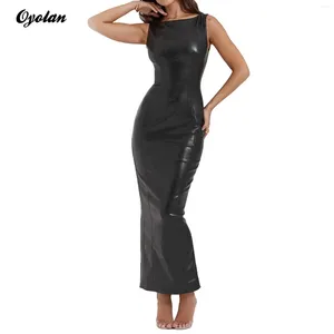 Vestidos casuales para mujer PU cuero bodycon vestido sin mangas sin mangas de cintura alta división de cadera longitud de tobillo para cócteles de club