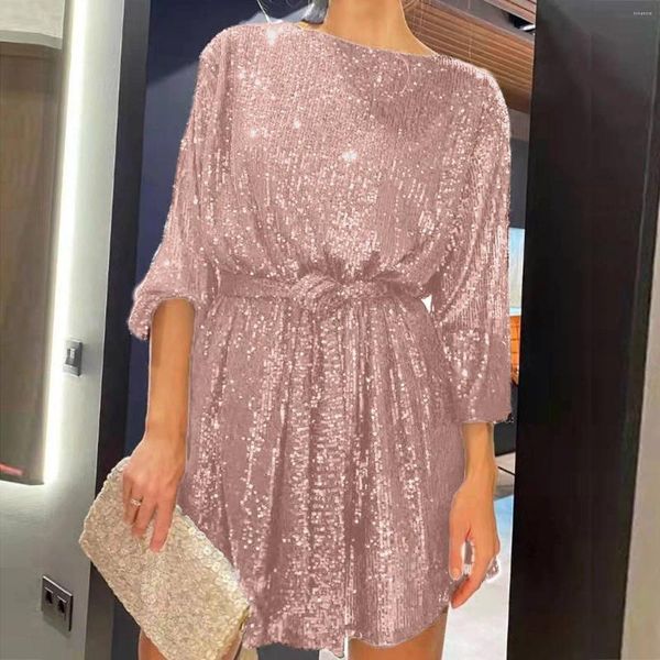 Vestidos casuales para mujer Puff manga larga brillo vestido de lentejuelas con cinturón cóctel noche boda dama de honor brillante ajuste suelto mini corto