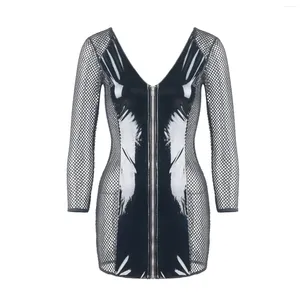 Robes décontractées Femmes PVC Mesh Faux Cuir Justaucorps Brillant Zipper Bodycon Robe Costume Combinaison