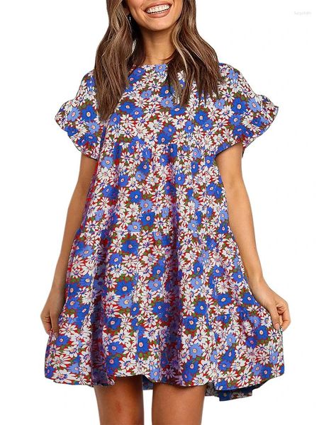 Vestidos casuales para mujer volantes boho floral impreso babydoll flojo swing corto mini vestido de camiseta