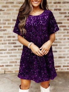 Robes Décontractées Femmes Sequin Mini Robe À Manches Courtes Scintillant Babydoll Glitter Fête Concert Danse Disco Clubwear Ras Du Cou Violet