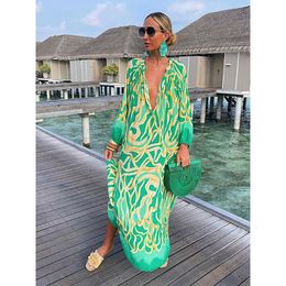 Casual jurken dames sexy diep vneck maxi bohemian lantern mouwen geprint lange vintage vakantie losse strandhoes gewaad 230410