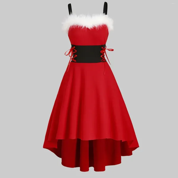 Vestidos casuales para mujer sexy fuera del hombro correa de espagueti vestido de fiesta de navidad dulce piel sintética con cordones asimétrico alto bajo dobladillo midi