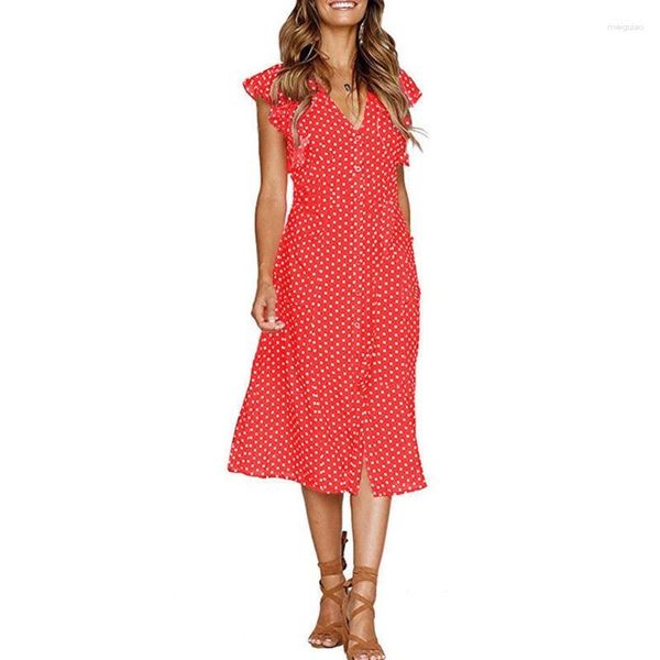 Vestidos casuales Mujeres Sexy Ruffles Polka Dot Button Down Midi Dress Irregular V-Neck Boho Falda U4LF