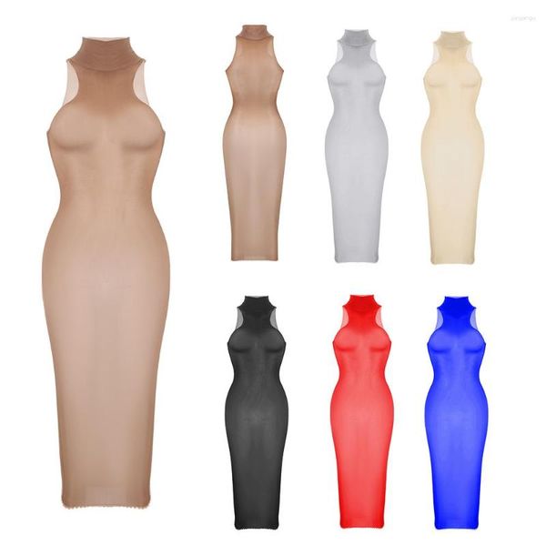 Robes décontractées Femmes Sexy Ultra-mince Silky See Through Sheer Dress Ladies Bodycon Sleeveless Midi Stocking