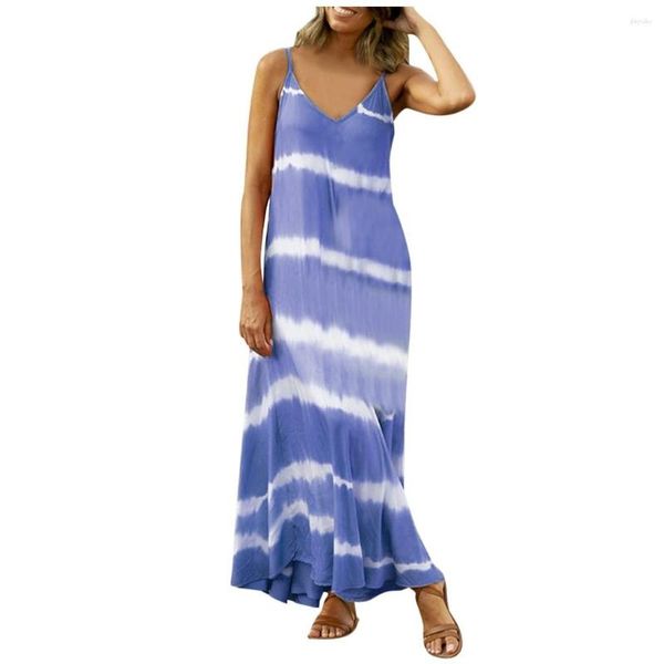 Robes Décontractées Femmes Sans Manches Dégradé Tie-Dye Rayé V Cou Robe Maxi Lâche (S-5xl) Robe De Soirée Occasion Formelle