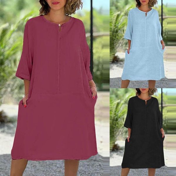 Vestidos casuales para mujer Color sólido Botón Patchwork Cuello en V Retro Vestido de manga de siete cuartos Vestidos de Fiesta Elegantes Para Mujer 2023