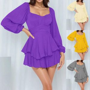 Robes décontractées Femmes Solide Combinaison À Manches Longues À Volants Couche Cravate Mini Courte Barboteuse Robe Midi Sans Manches