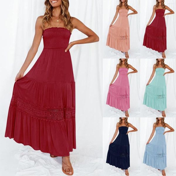 Vestidos casuales Mujer Verano Bohemio Sin tirantes Fuera del hombro Ajuste de encaje Sin espalda Flowy A Line Beach Vestido largo largo Ver tiro para mujer