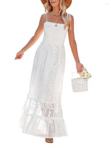 Vestidos casuales para mujer verano boho floral vestido largo 2023 correa de espagueti sin mangas de encaje blanco malla pura bodycon plisado