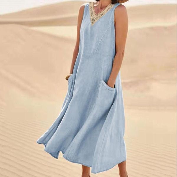 Robes Décontractées Femmes Vêtements D'été Boho Sans Manches Bouton Avant Robe Pour Les Vacances Avec Pokets