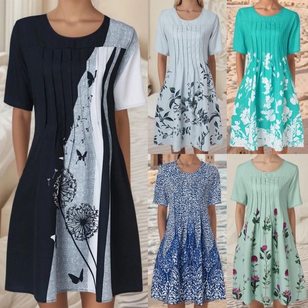 Robes décontractées pour femmes en été coton à manches courtes à manches courtes à manches courte à manches couché plissée robe midi imprimée avec poches qui sortent