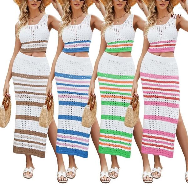 Robes Décontractées Femmes D'été Crochet Tricoté Encolure En U Côtelé Crop Top Sexy Moulantes 2 Pièces Tenues Pantalons Courts Jupes Survêtements Ensemble 6XDA