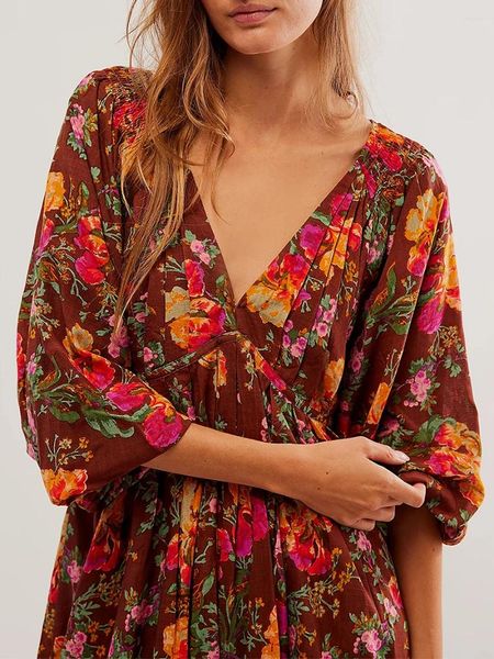 Robes décontractées Femmes Summer Floral Mini Robe 3/4 Manches Deep V Col Volant Boho Imprimer Cravate Dos Nu Swing A-Line Court