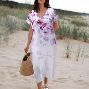 Casual jurken dames zomerlinnenjurk bloemen bohemian strand cover-ups losse korte mouw middenkalf vakantie boho feestvestidos