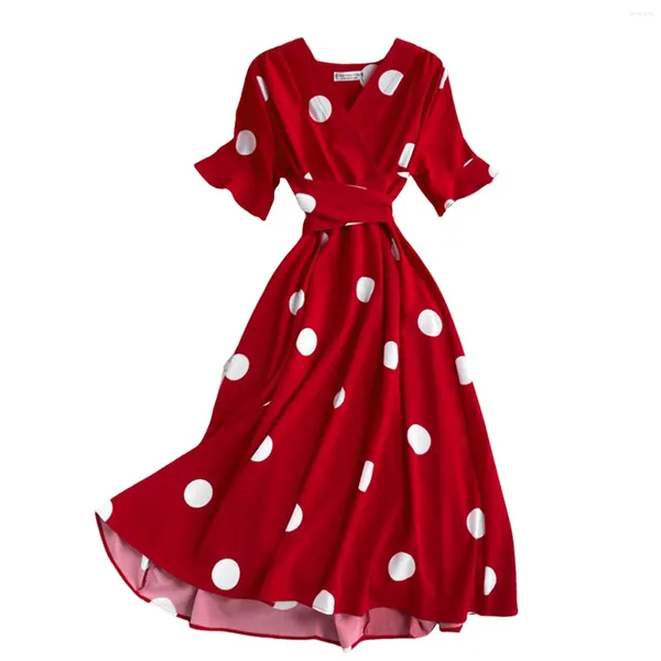 Vestidos informales para mujeres Polka Polka Polka Mangas cortas Vestido rojo de la cintura para el cóctel de boda Sp99