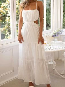 Casual jurken dames zomer ruches maxi-jurk kriskras backless flowy strand lange spaghetti band bohemien slip zonnejurk