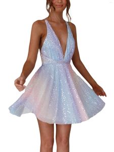 Robes décontractées pour femmes Robe d'été à sequins à col en V Spaghetti Strap Backless Glitter Sparkly Mini Night Party Club (Jaune M)