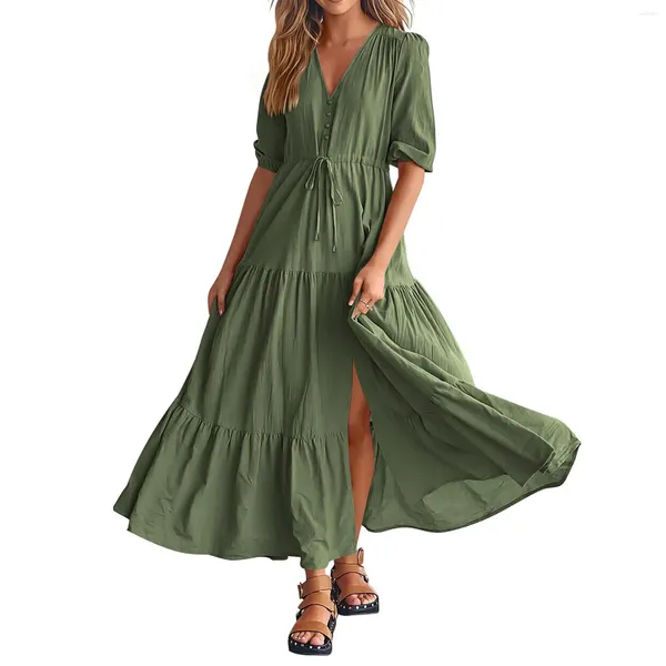 Vestidos casuales para mujer de verano de manga corta con cuello en V botón cordón maxi capa volante color sólido boho camiseta vestido para mujeres