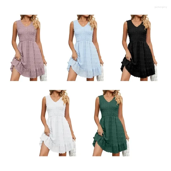 Vestidos casuales para mujer verano sin mangas con cuello en V fruncido una línea swing vestido midi gasa suizo punto smocked corpiño volante