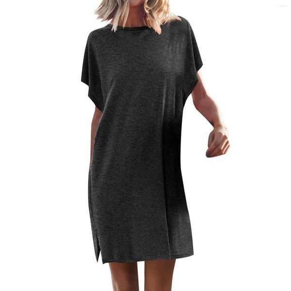 Robes décontractées Femmes Summer T-shirt à manches courtes manches chauve-souris robe fente plage mini tunique haut lâche