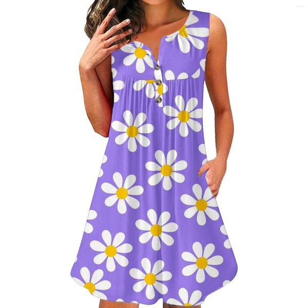 Vestidos casuales para mujer Sun Floral Vestido sin mangas Botón de cuello redondo Algodón Lino Cómodo Impresión corta Bolsillo Mujer Ropa Vestidos