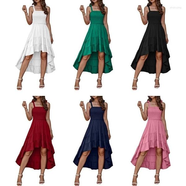 Robes décontractées pour femmes Tie Spaghetti Swein Swing Swing Swing A-Line Robe Smokled Cirred Ruffled High Low Asymétrical Hem Long