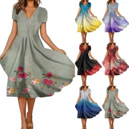 Vestidos informales Túnica Túnica Manga corta V Neck Flowy Beach Beath Beates Femme Chic