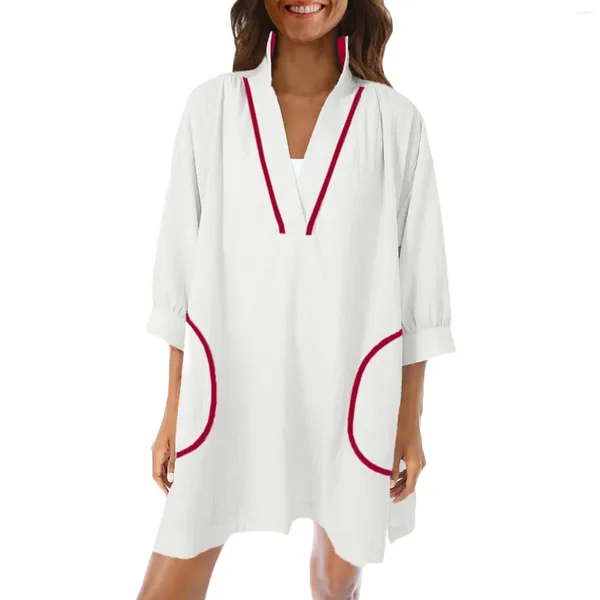 Robes décontractées pour femmes en V couvre de maillot de bain 3/4 Bloc de couleur manche Cover surdimensionné Robe de plage avec poches coréennes