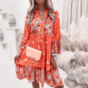 Vestidos casuales para mujer Estilo étnico vintage Impreso Volantes Vestido de dobladillo Ajuste suelto Mangas largas Cuello en V Boho Mujeres Alto Bajo Prom Formal