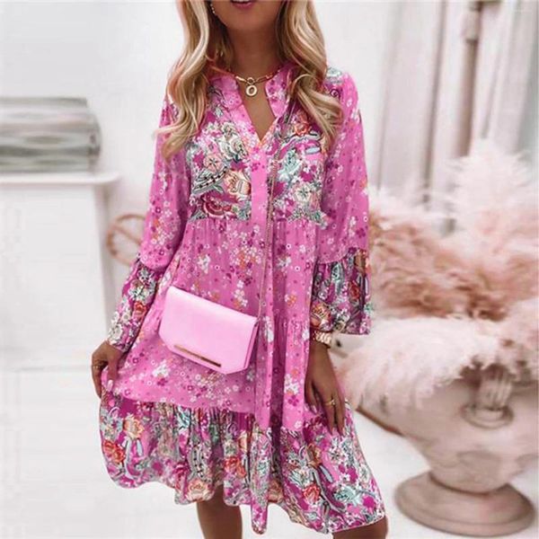 Robes décontractées Femmes Vintage Style Ethnique Robe 2024 Mode Imprimé Cravate Col Ample Coupe Bohème Tunique Vacances Beachwear Dame