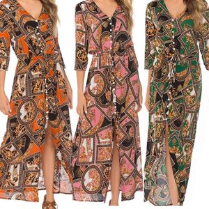 Robes décontractées pour femmes vintage imprimées plage plage bohème mi-manches robe d'été vobe en V