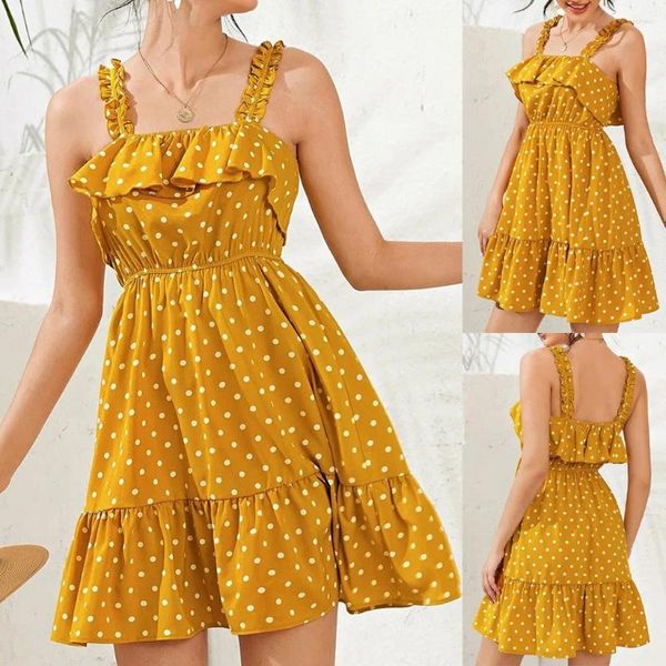 Robes décontractées Femmes Robe d'hiver Chapeaux Mode Lâche Sexy Volants Taille Haute Sling Polka Dot Vintage pour les femmes