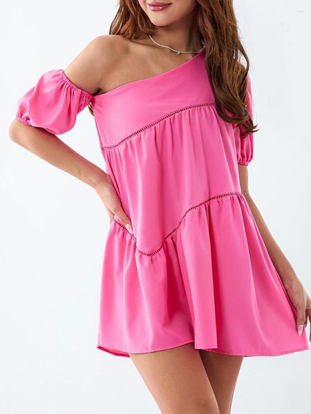 Vestidos casuales para mujer Y2K verano un hombro mini babydoll vestido manga soplada suelta con gradas una línea corta fluida