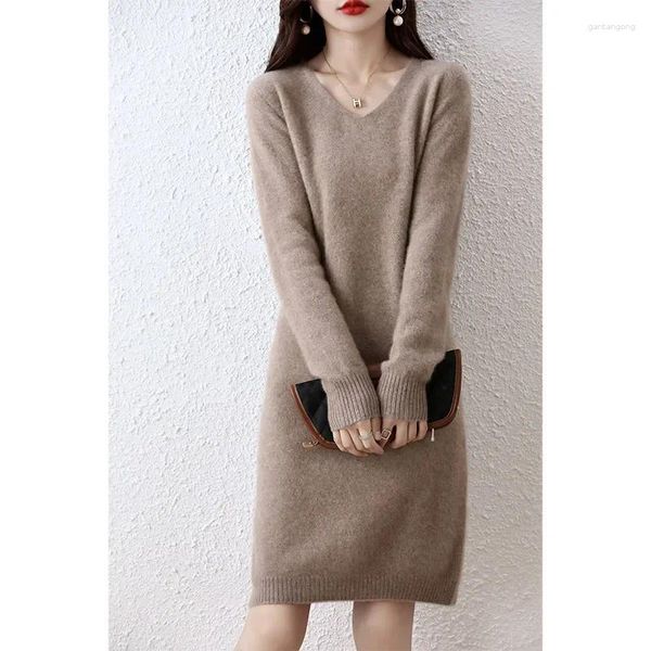 Vestidos casuales Lana Falda larga sin costuras Otoño e invierno Elegante Jersey para mujer Suéter con cuello en V de gama alta Punto suelto S-XXL