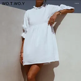 Robes décontractées wotwoy ruples d'été robe t-shirt en vrac femme lanterne manches coton blanc mini-vestidos bohemios 2024