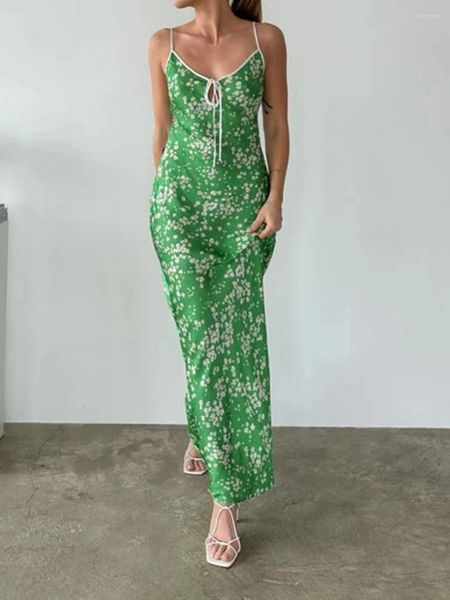 Vestidos casuales wsevypo 2024 flores verdes de verano playa estampada vestida larga para mujeres boho sin mangas sin mangas spaghetti correas de verano