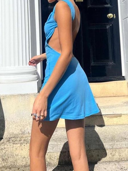 Wsevypo Bleu Dos Nu Mini Débardeur Robe D'été Femmes Sans Manches Col Bénitier Froncé Slim Fit Court Vacances Streetwear