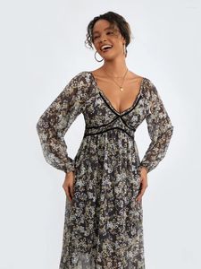 Robes décontractées Wsevypo Bohème Noir Floral Flowy Robe Printemps Eté Manches Longues Col V Taille Haute Mousseline De Mousseline De Soie Pour Les Vacances À La Plage