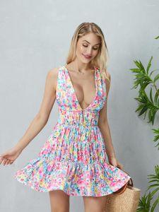 Vestidos casuales Wsevypo Boho Verano Estampado floral Mini vestido Mujer Sin mangas Escote en V profundo A-Line Vacaciones en la playa Tie-Up Backless Tank