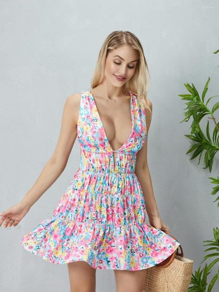 Vestidos casuales Wsevypo Boho Verano Estampado floral Mini vestido Mujer Sin mangas Escote en V profundo A-Line Vacaciones en la playa Tie-Up Backless Tank