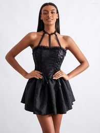 Casual jurken wsevypo goth grunge zwarte jurk dames mouwloze cross-tie-up halter a-line harajuku lolita backless tutu