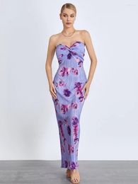 Robes décontractées Wsevypo Purple Floral Print Twist Tube Robe longue pour la soirée de soirée sans manches sans bretelles côtelées robes Wrap