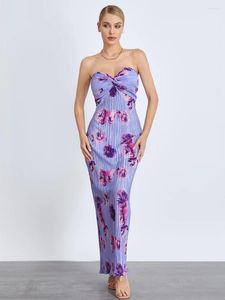 Robes décontractées Wsevypo Purple Floral Print Twist Tube Robe longue pour la soirée de soirée sans manches sans bretelles côtelées robes Wrap