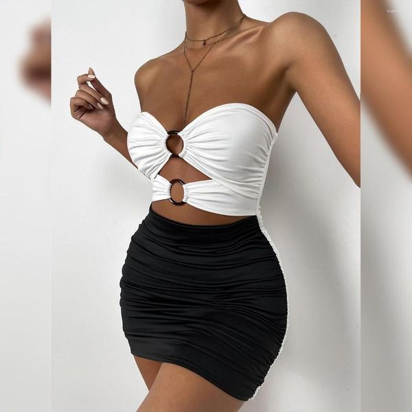 Robes Décontractées Wsevypo Sexy Noir Blanc Spliced Bretelles Mini Wrap Dress Été Femmes Hors Épaule Évider Taille Haute Ruché Plissé