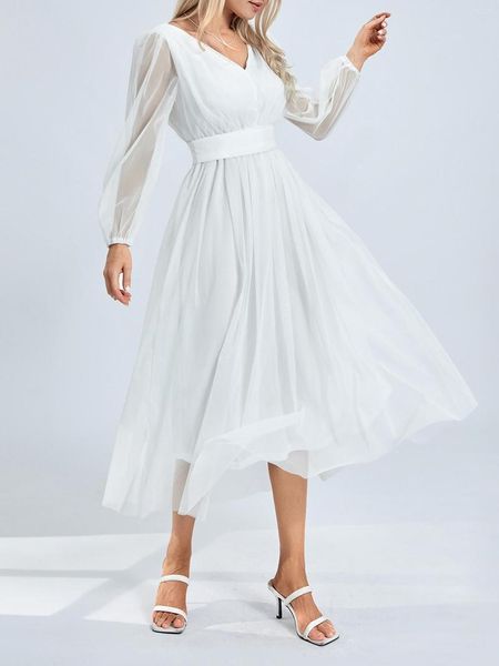 Robes Décontractées Wsevypo Blanc Robe De Soirée Formelle Femmes Mesh Patchwork À Manches Longues Col En V Évasé Robe Midi Vestidos Pour La Fête De Mariage