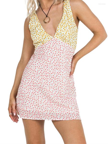 Vestidos casuales Wsevypo Vestido de tanque de verano con estampado floral para mujer Chic Sin mangas Cuello en V profundo Atadura trasera Playa corta Mini