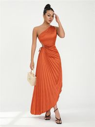 Lässige Kleider Wsevypo Damen Off One Shoulder Party Langes Abendkleid Vestidos Vintage ärmelloses ausgehöhltes Kordelzug-Faltenkleid