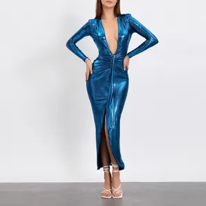 Wsevypo Vrouwen Glanzende Lange Avond 2023 Sexy Mouw Diepe V-hals Pu Leer Metallic Feestjurk Formele Gown vestidos