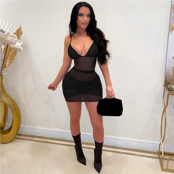 Vestidos casuales Wuhe Black Sheer Mesh See-Through V Cuello Flaco Mini Vestido Colthes Mujeres Stretchy Night Sexy Clubwear Robes